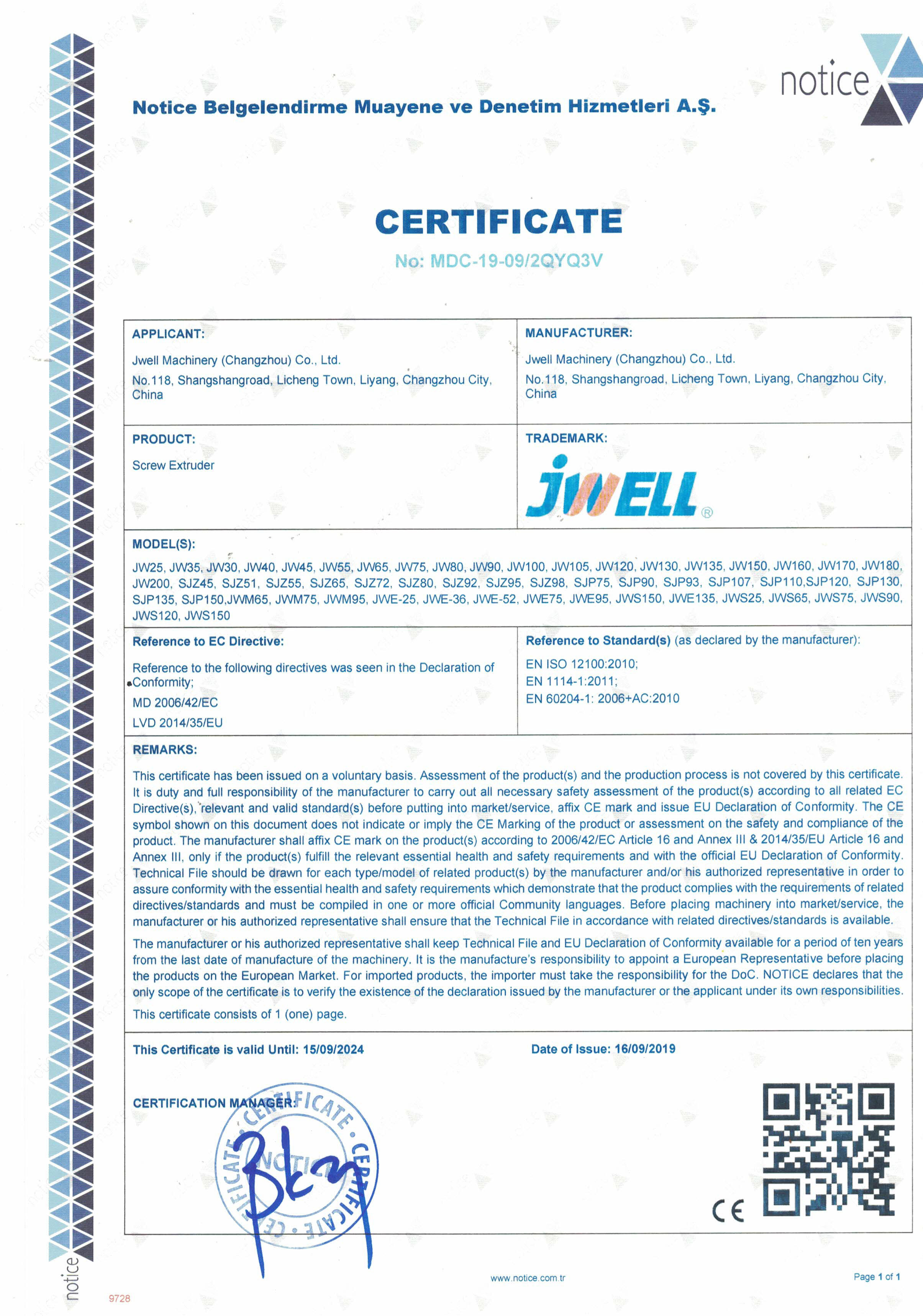 China Jwell Machinery (Changzhou) Co.,ltd. Certificaciones